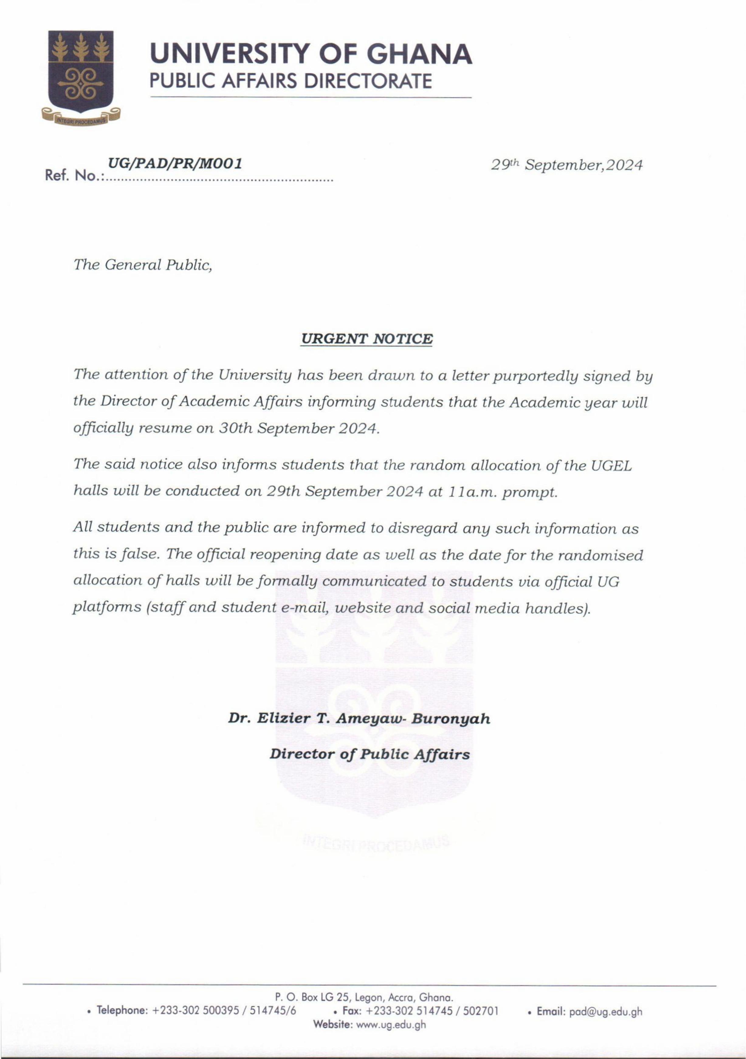 Fake Resumption of Academic Year Letter University of Ghana